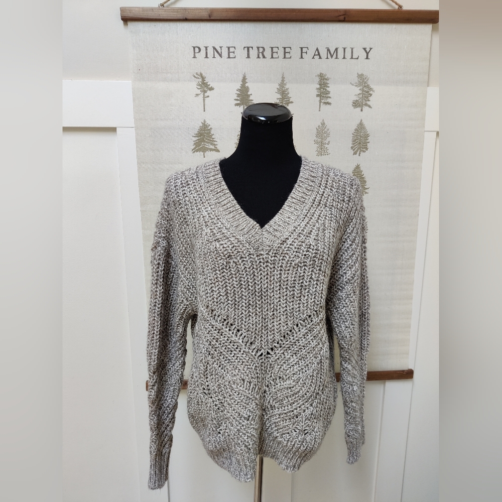 Dynamite Chunky Knit V-Neck Sweater – Beige & White Marled – Size XS/S